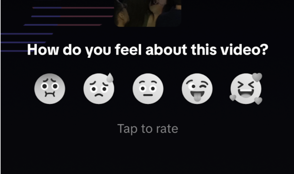 TikTok's in-app survey featuring 5 black and white emojis as survey responses.